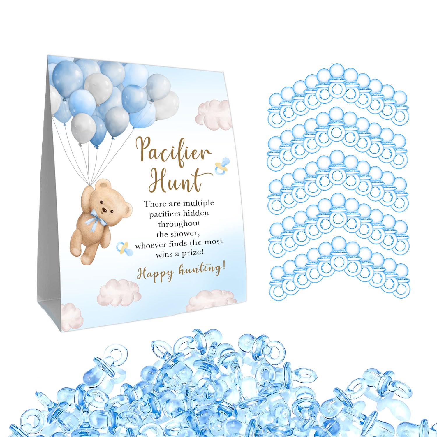 Guawubiang 51Pcs Winnie Baby Shower Games Include Baby Pacifier Hunt Sign and 50 Blue Mini Pacifiers Mini Pacifiers Baby Shower Game Set Baby Shower Game for Baby Gender Reveal