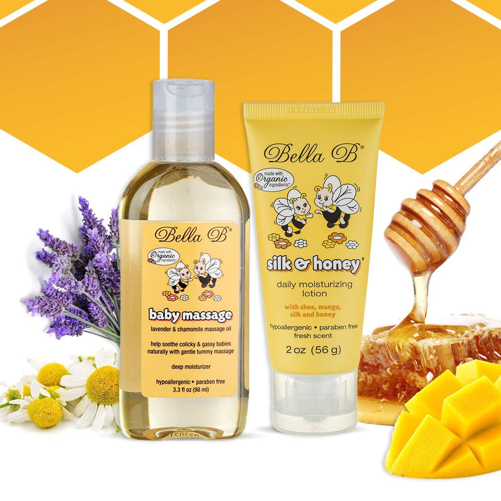 Bella B Bundle Baby Massage Oil 3.3 oz & Silk & Honey Baby Lotion 2 oz Baby Oil Organic